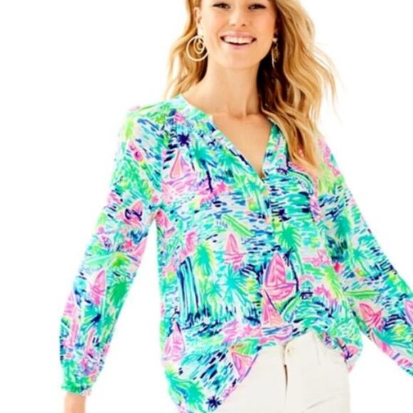 Lilly Pulitzer Elsa Silk Blouse Salt In the Air Sailboat Print size medium - Picture 1 of 9